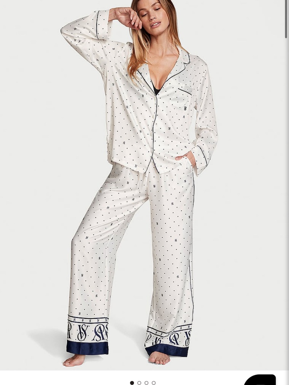 Victoria's Secret Ivory Satin Printed Pajama Set with Navy Trim